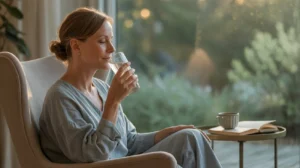 Frau trinkt entspannt ein Wasserglas