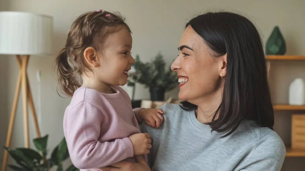 Mutter und Tochter schauen sich in die Augen