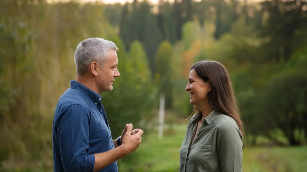 Ein Mann und eine Frau unterhalten sich auf Augenhöhe
